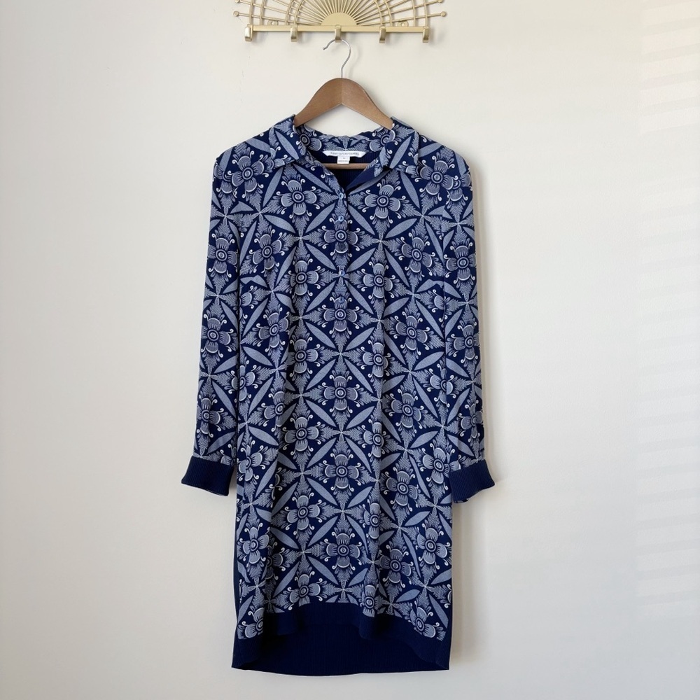 Diane von Furstenberg Blue Retro Floral Print Silk Knit Shift Dress Medium
